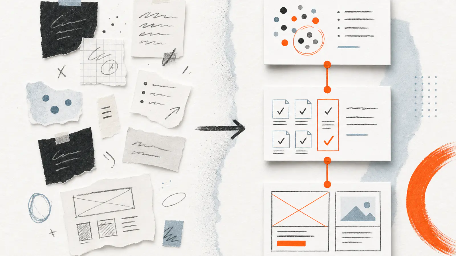 Scattered research notes become a structured evidence chain and a native-ad layout.